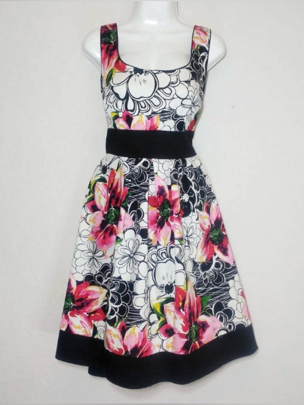 Corey P. Black White Pink Floral, Bow Tie Waist, Fit & Flare Dress, Size 16